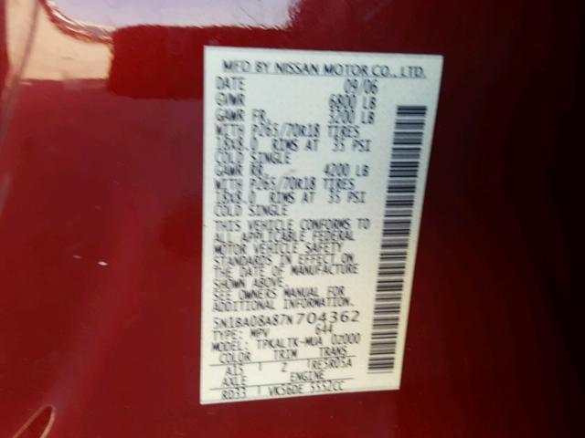 5N1BA08A87N704362 - 2007 NISSAN ARMADA SE MAROON photo 10