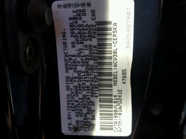 4T1BE32K13U185310 - 2003 TOYOTA CAMRY LE 蓝色 照片 10