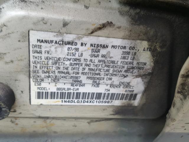 1N4DL01D4XC105987 - 1999 NISSAN ALTIMA XE GOLD photo 10