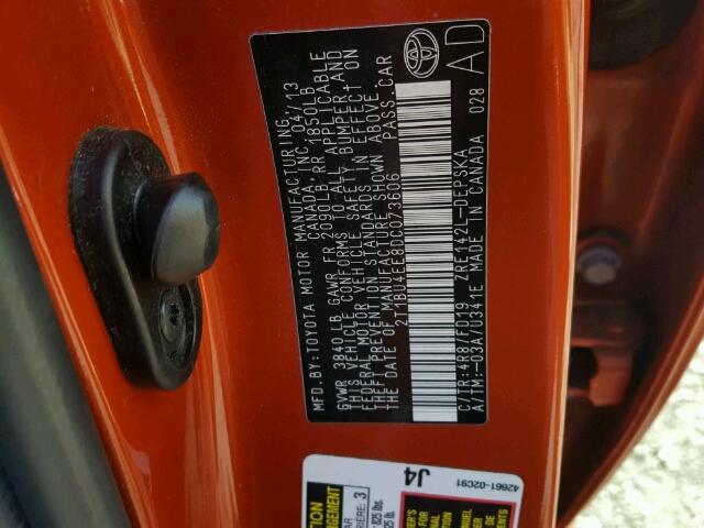 2T1BU4EE8DC073606 - 2013 TOYOTA COROLLA BA ORANGE photo 10