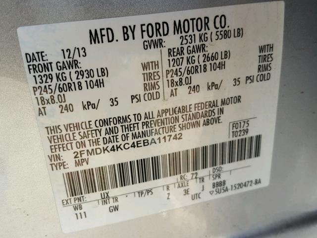 2FMDK4KC4EBA11742 - 2014 FORD EDGE LIMIT SILVER photo 10