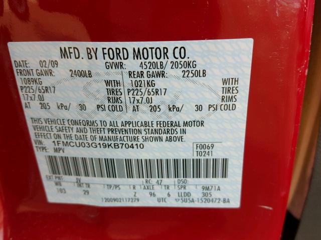 1FMCU03G19KB70410 - 2009 FORD ESCAPE XLT RED photo 10