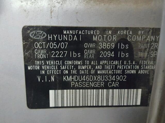 KMHDU46DX8U334902 - 2008 HYUNDAI ELANTRA SILVER photo 10