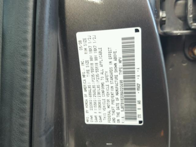 5J8TB18208A020498 - 2008 ACURA RDX GRAY photo 10