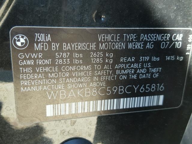 WBAKB8C59BCY65816 - 2011 BMW 750LI BLACK photo 10