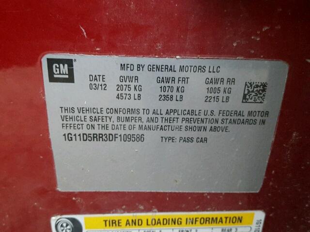 1G11D5RR3DF109586 - 2013 CHEVROLET MALIBU 1LT 红色 照片 10