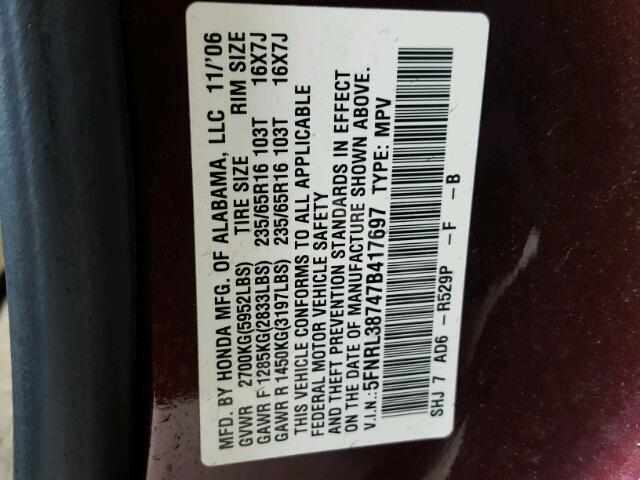 5FNRL38747B417697 - 2007 HONDA ODYSSEY EX MAROON photo 10