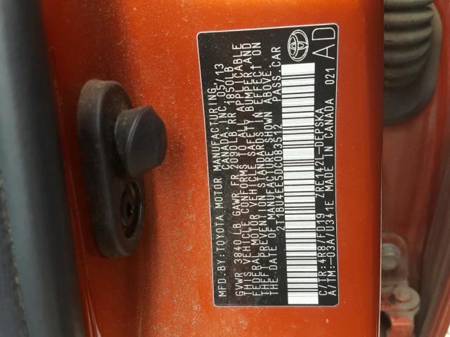 2T1BU4EE5DC083512 - 2013 TOYOTA COROLLA BA ORANGE photo 10