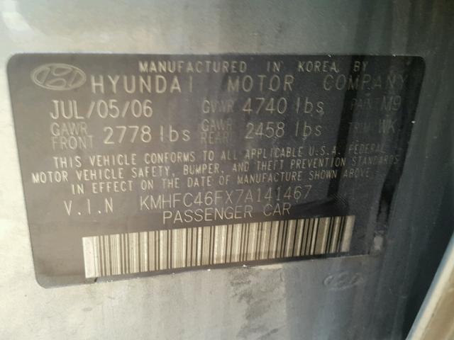 KMHFC46FX7A141467 - 2007 HYUNDAI AZERA SE GRAY photo 10