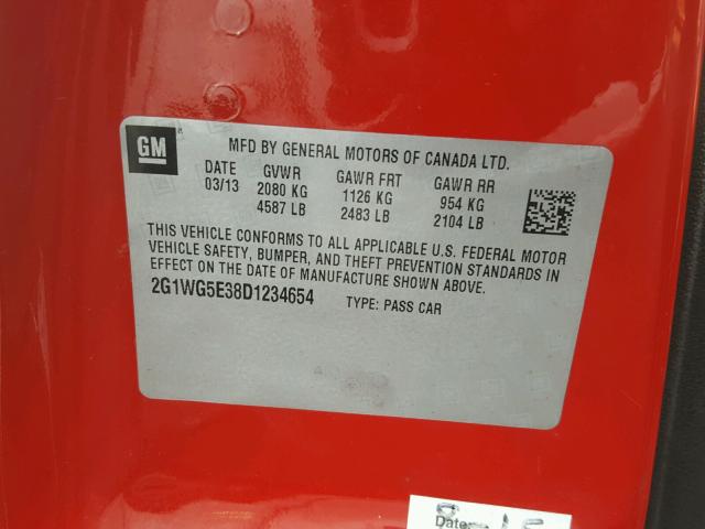 2G1WG5E38D1234654 - 2013 CHEVROLET IMPALA LT Красный фото 10