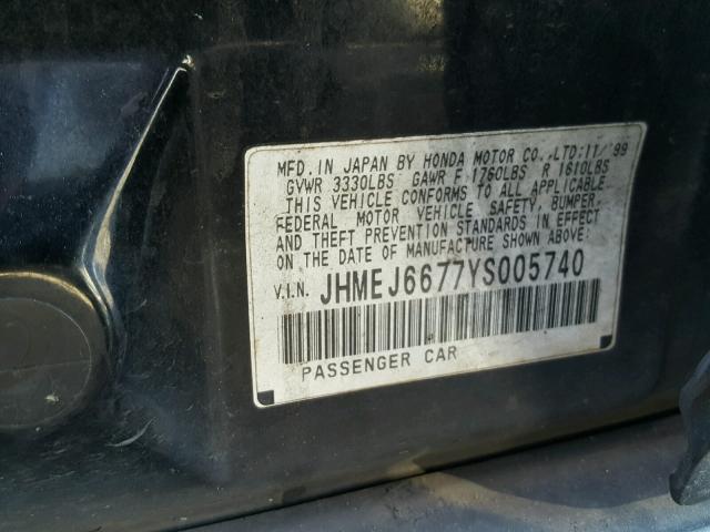 JHMEJ6677YS005740 - 2000 HONDA CIVIC BLACK photo 10