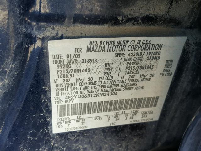 4F2YU06B12KM34306 - 2002 MAZDA TRIBUTE DX BLUE photo 10