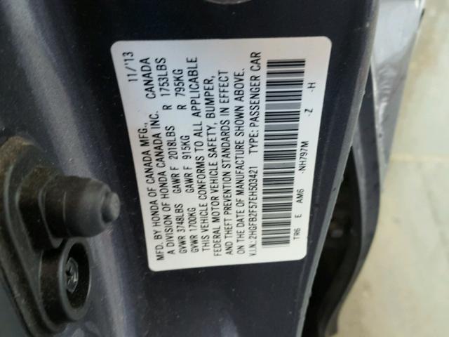 2HGFB2F57EH503421 - 2014 HONDA CIVIC LX GRAY photo 10