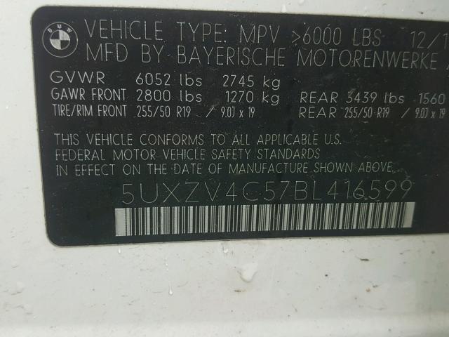 5UXZV4C57BL416599 - 2011 BMW X5 XDRIVE3 WHITE photo 10