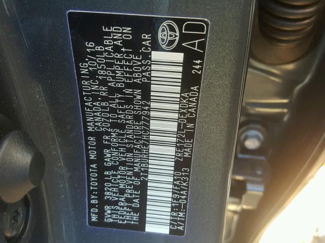 2T1BURHE7HC777942 - 2017 TOYOTA COROLLA GRAY photo 10