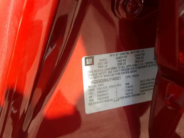 1GCGSCEN8J1143921 - 2018 CHEVROLET COLORADO L RED photo 10
