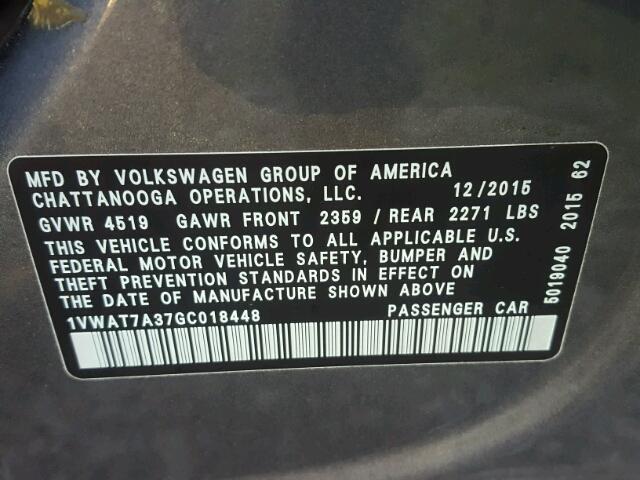 1VWAT7A37GC018448 - 2016 VOLKSWAGEN PASSAT S ნაცრისფერი ფოტო 10