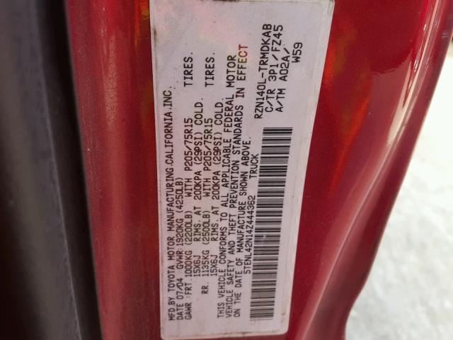 5TENL42N14Z444362 - 2004 TOYOTA TACOMA RED photo 10