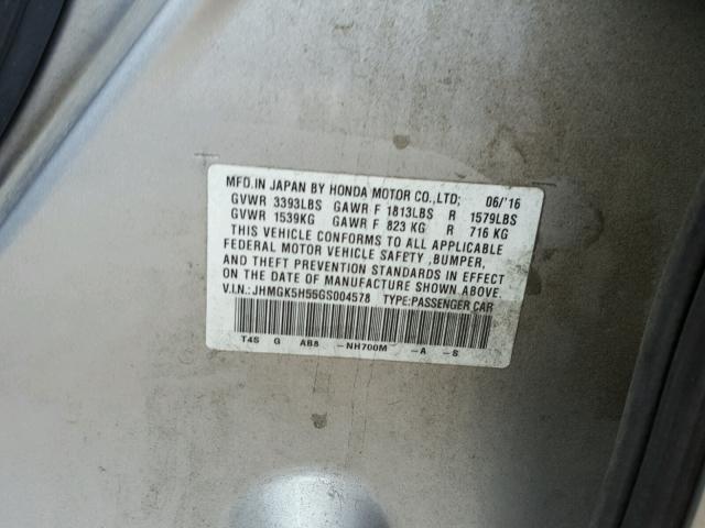 JHMGK5H55GS004578 - 2016 HONDA FIT LX SILVER photo 10