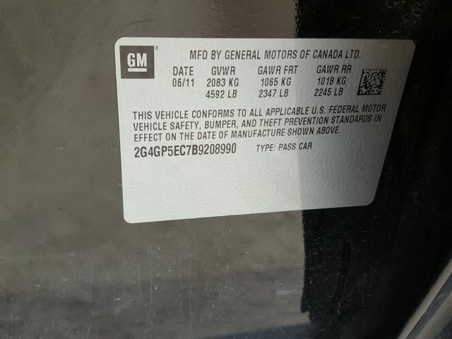 2G4GP5EC7B9208990 - 2011 BUICK REGAL CXL BLACK photo 10