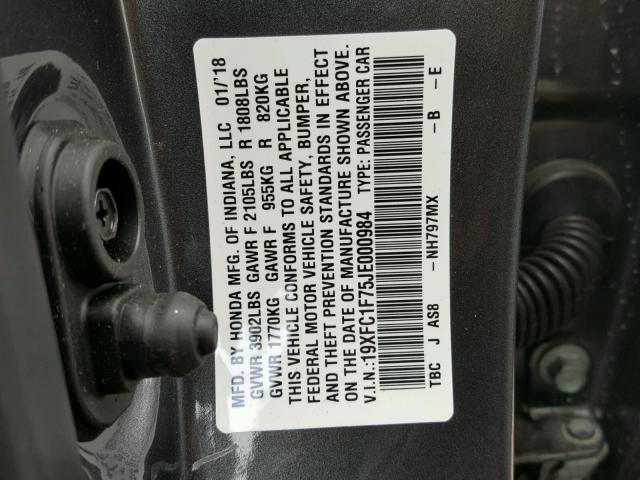 19XFC1F75JE000984 - 2018 HONDA CIVIC EXL GRAY photo 10