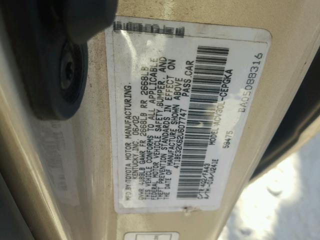 4T1BE32K62U607747 - 2002 TOYOTA CAMRY LE BEIGE photo 10