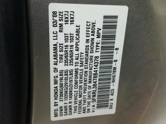 5FNRL38478B414378 - 2008 HONDA ODYSSEY EX SILVER photo 10