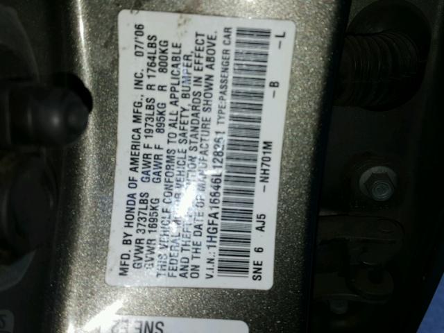 1HGFA16846L128261 - 2006 HONDA CIVIC EX GRAY photo 10