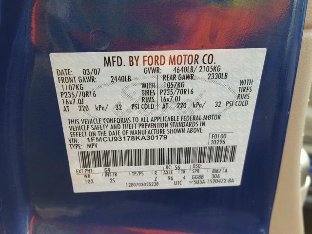 1FMCU93178KA30179 - 2008 FORD ESCAPE XLT BLUE photo 10