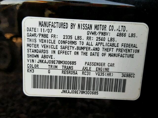 JNKAJ09E78M300685 - 2008 INFINITI EX35 BASE BLACK photo 10