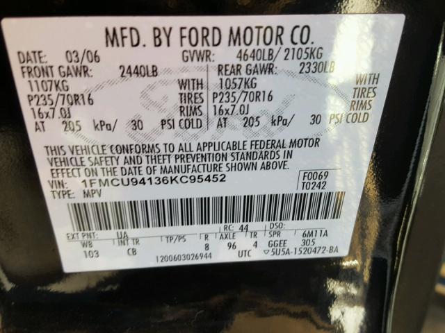 1FMCU94136KC95452 - 2006 FORD ESCAPE LIM BLACK photo 10