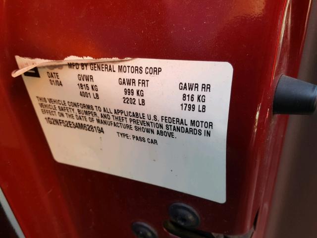 1G2NF52E34M628194 - 2004 PONTIAC GRAND AM S 勃艮第红 照片 10