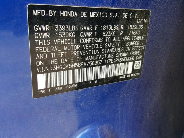 3HGGK5H58FM758357 - 2015 HONDA FIT LX BLUE photo 10