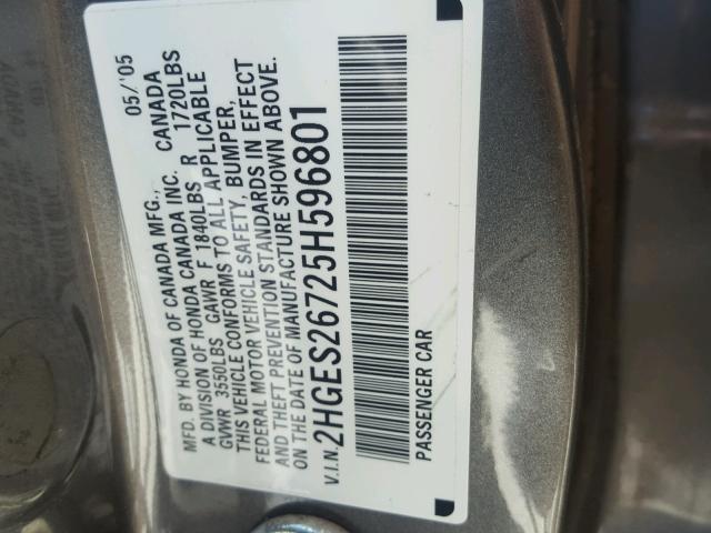 2HGES26725H596801 - 2005 HONDA CIVIC EX GRAY photo 10