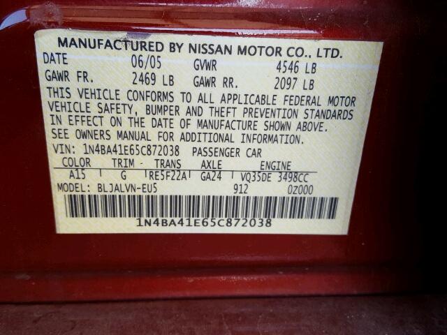 1N4BA41E65C872038 - 2005 NISSAN MAXIMA SE RED photo 10