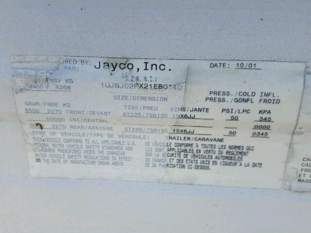 1UJBJ02PX21EB0140 - 2002 JAY TRAILER WHITE photo 10