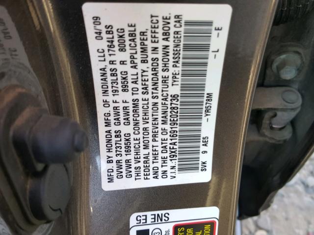 19XFA16919E028736 - 2009 HONDA CIVIC EXL 棕色 照片 10