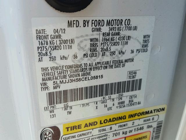 5LMJJ3H58CEL05815 - 2012 LINCOLN NAVIGATOR 白色 照片 10