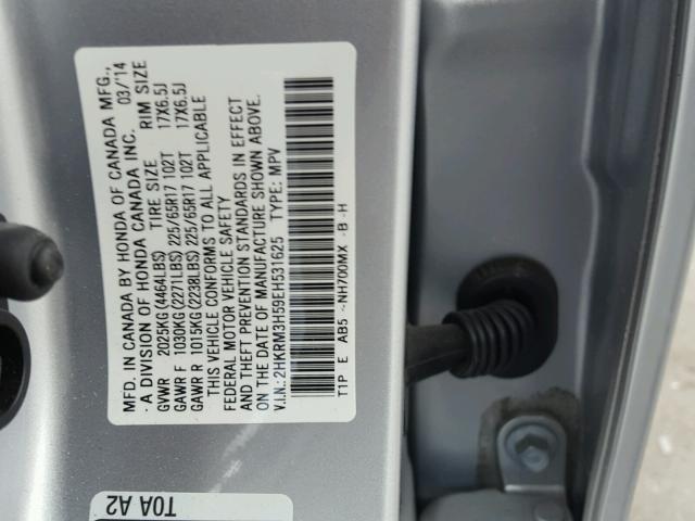 2HKRM3H59EH531625 - 2014 HONDA CR-V EX GRAY photo 10