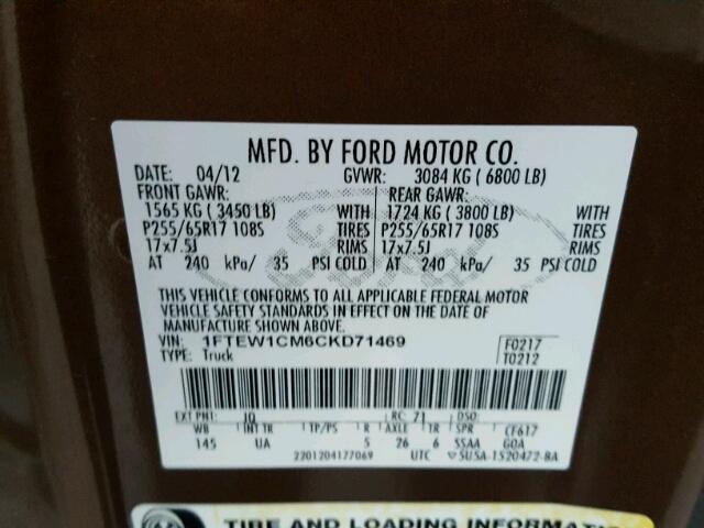 1FTEW1CM6CKD71469 - 2012 FORD F150 SUPER BROWN photo 10