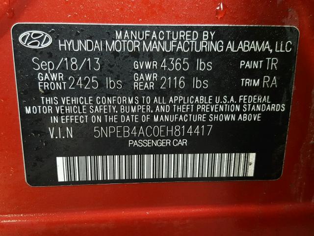 5NPEB4AC0EH814417 - 2014 HYUNDAI SONATA GLS RED photo 10