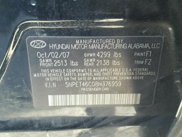 5NPET46C08H376959 - 2008 HYUNDAI SONATA GLS BLACK photo 10