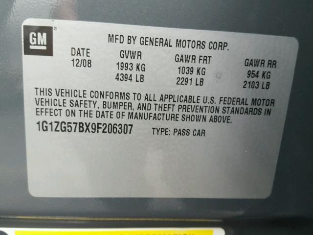 1G1ZG57BX9F206307 - 2009 CHEVROLET MALIBU LS 石墨色 照片 10