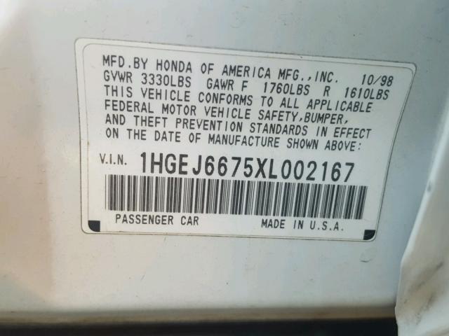 1HGEJ6675XL002167 - 1999 HONDA CIVIC LX WHITE photo 10