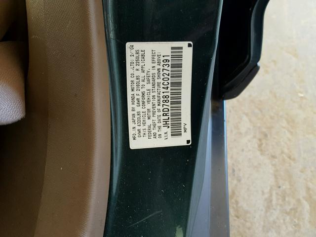 JHLRD78814C027391 - 2004 HONDA CR-V EX GREEN photo 10