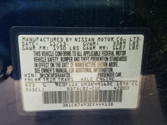 3N1CN7AP3EK444138 - 2014 NISSAN VERSA S BLUE photo 10