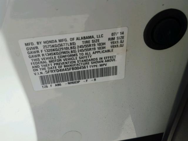 5FRYD4H45FB004561 - 2015 ACURA MDX TECHNO WHITE photo 10