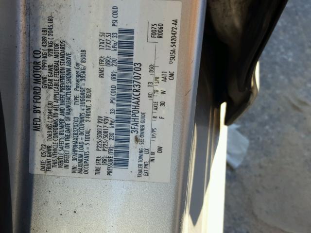 3FAHP0HAXCR370703 - 2012 FORD FUSION SE SILVER photo 10