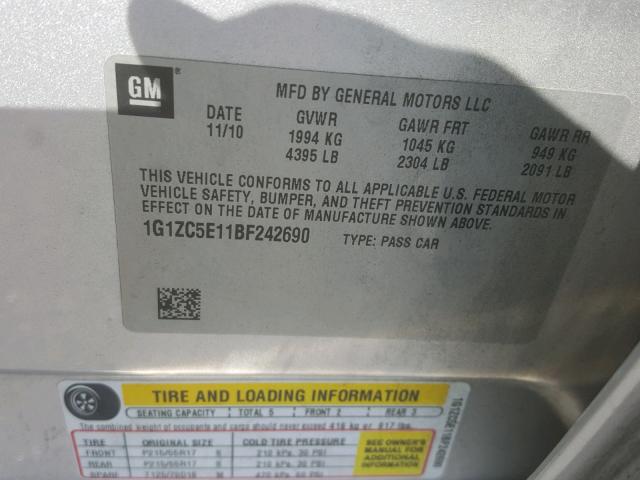 1G1ZC5E11BF242690 - 2011 CHEVROLET MALIBU 1LT SILVER photo 10