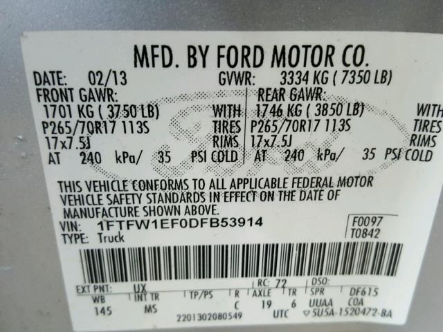 1FTFW1EF0DFB53914 - 2013 FORD F150 SUPER SILVER photo 10